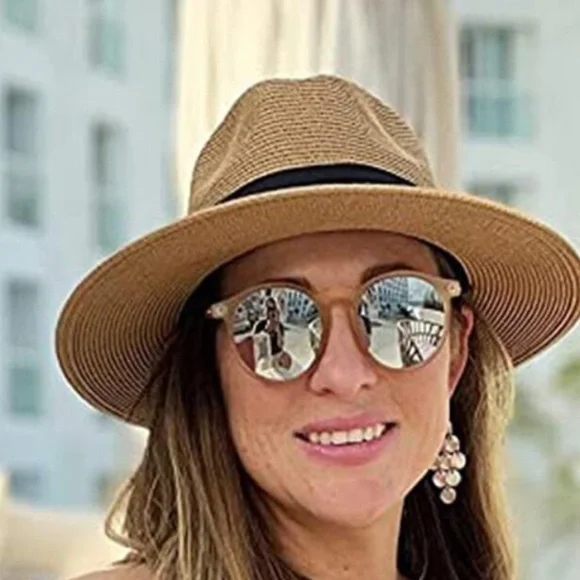 Boho Straw Sun Shielding Black Ban Wide Brim Panama Hat - Picture 2 of 4